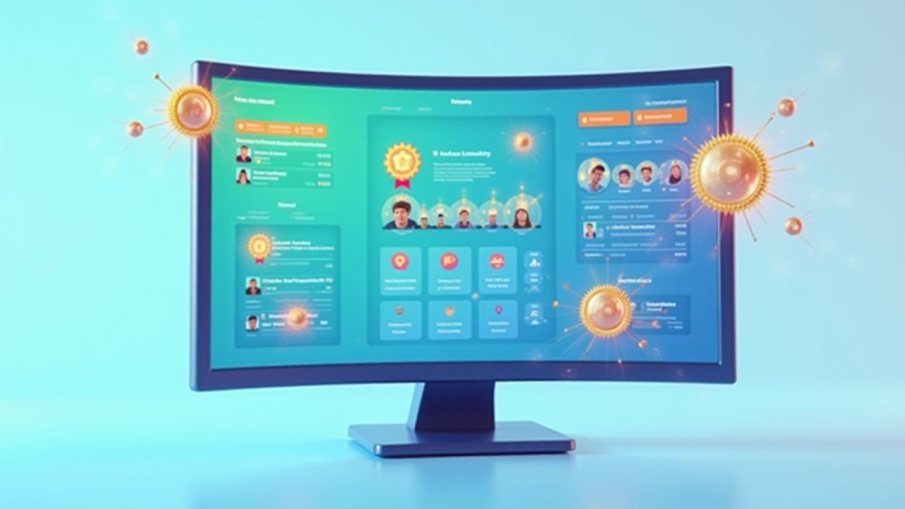 Dynamic animation showing game elements like badges, experience points, and leaderboards on an interactive assessment screen.