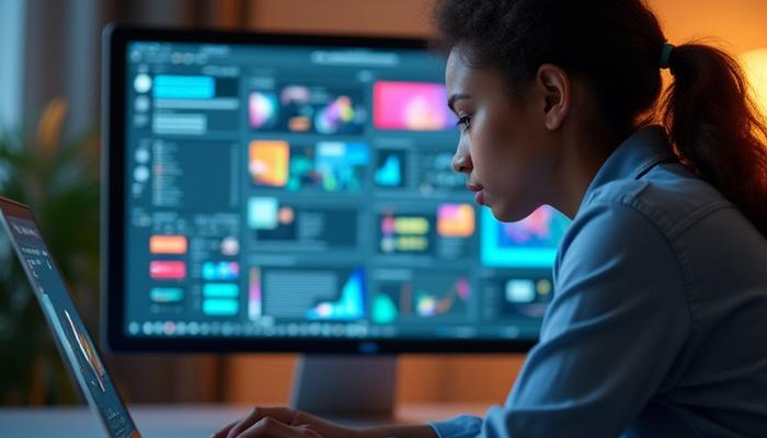 Student happily working on a graphic design software interface