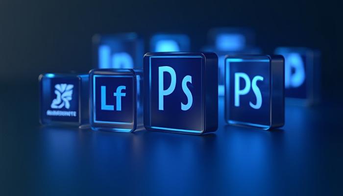 Various software logos like Adobe Creative Cloud and Figma on a digital screen