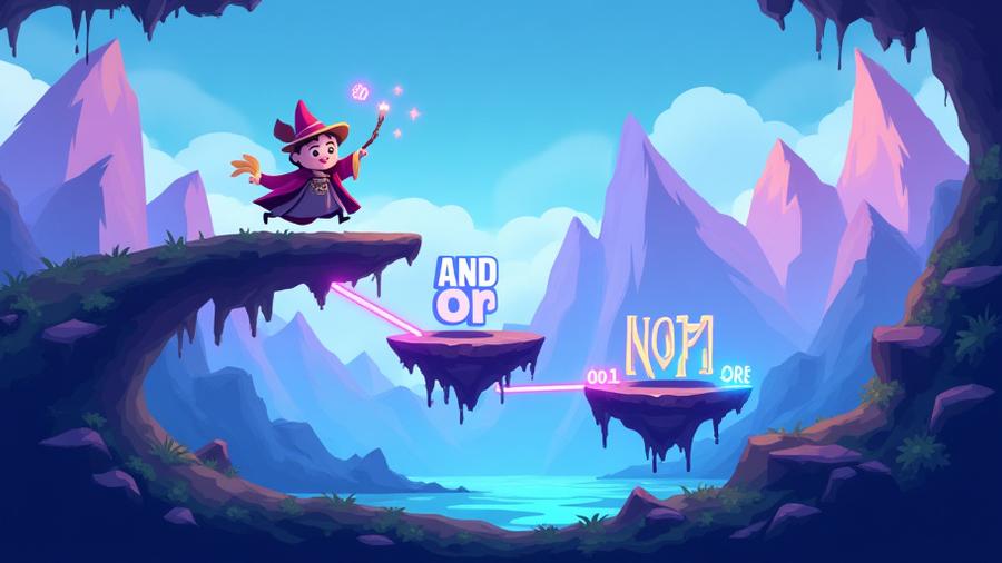 Screenshot from 'Code Wizards' 2D platformer, illustrating a character interacting with programming logic elements.