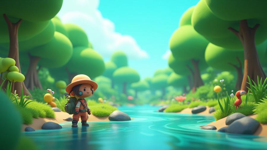 Screenshot from 'Eco-Explorer' 3D simulation game, showing a player character interacting with an ecosystem.