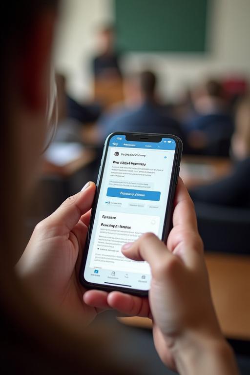 Person using a smartphone app for pre-class reading and post-class quizzes as part of a blended learning program