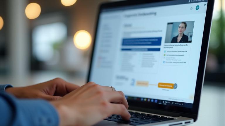 Laptop screen displaying an interactive corporate onboarding module with checklist and embedded video