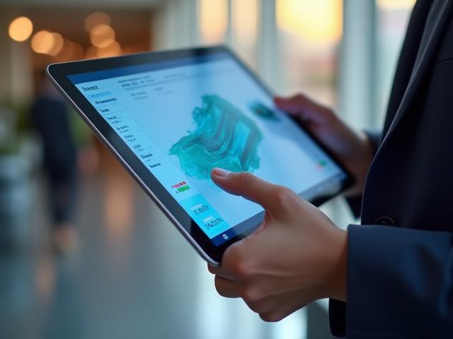 Tablet screen showing a 3D simulation of a new software product's features for sales training