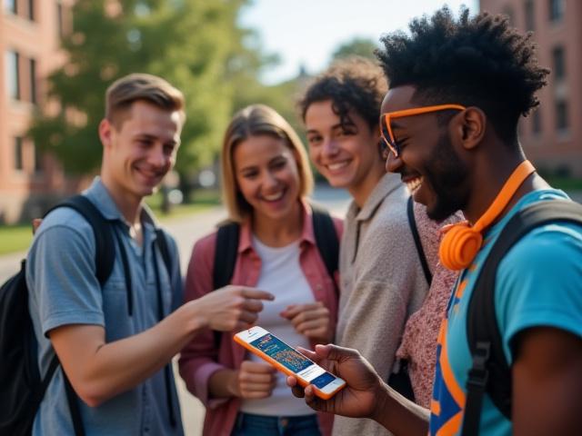 University students participating in a gamified campus orientation scavenger hunt using a mobile device
