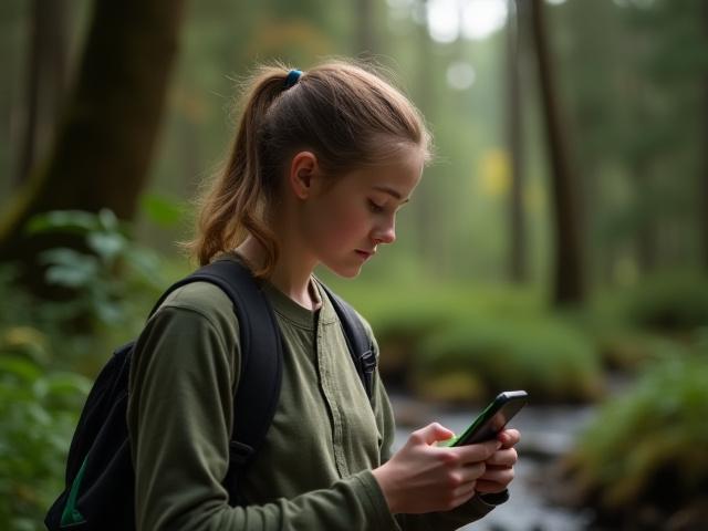 A student using a mobile app to identify flora on a nature trail in a Washington State park