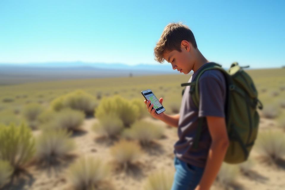A student wearing a backpack and hiking on the Hanford Reach National Monument trail, looking at a smartphone with an interactive app displaying geological information for that location.