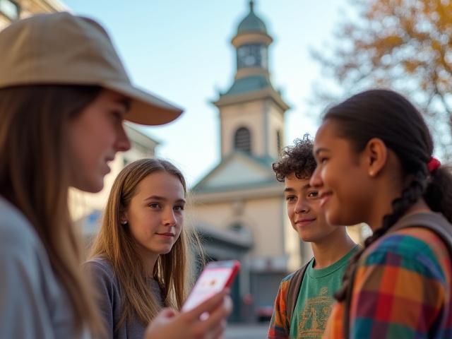 Students exploring a historical landmark in Pasco, WA with a mobile app displaying interactive information