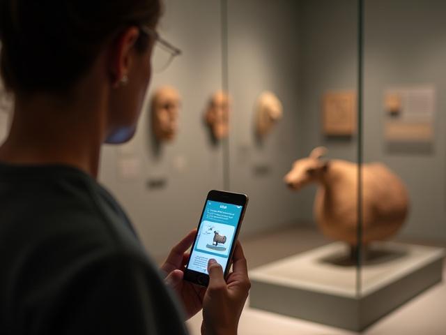 A museum visitor interacting with an exhibit using a mobile application that provides augmented reality content