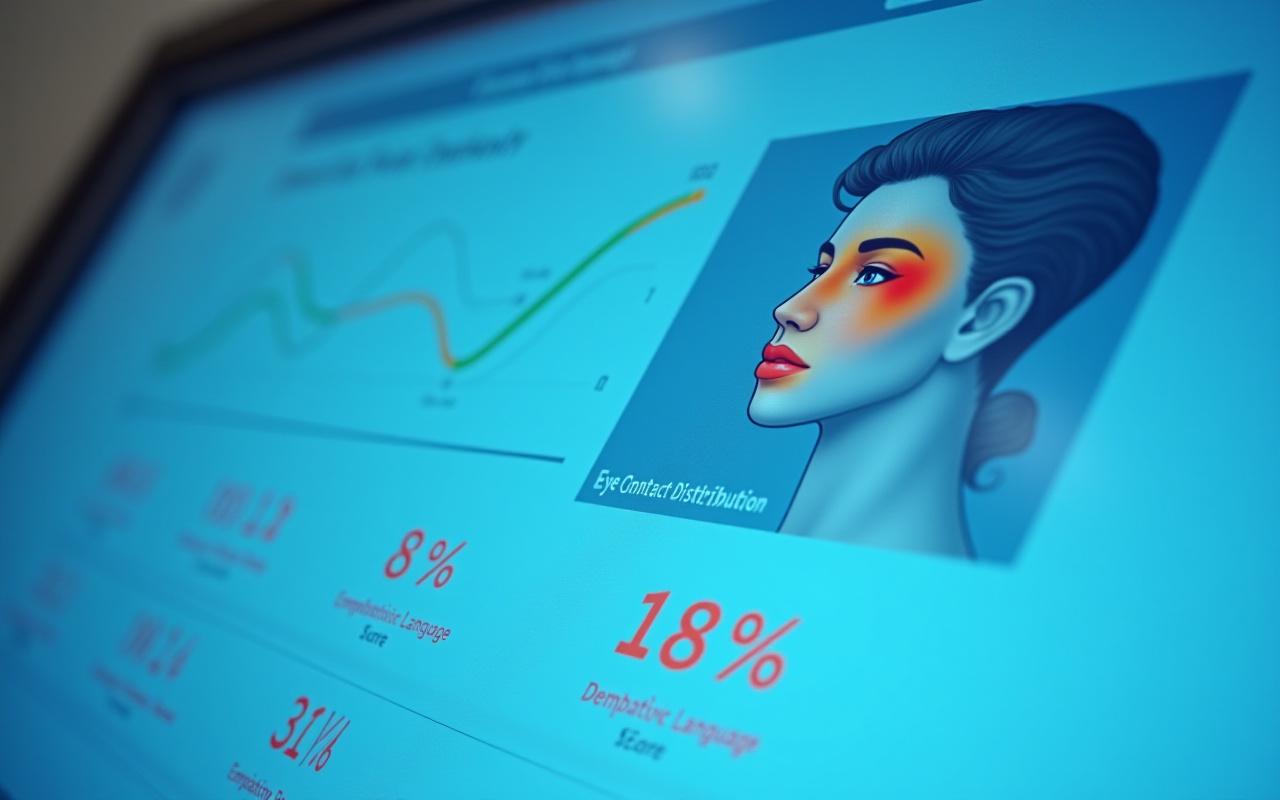 Mockup of a detailed VR training feedback report showing graphs for speech pace, an eye-tracking heatmap over a virtual character's face, and a score for empathetic language. Data points and metrics are clearly visible.