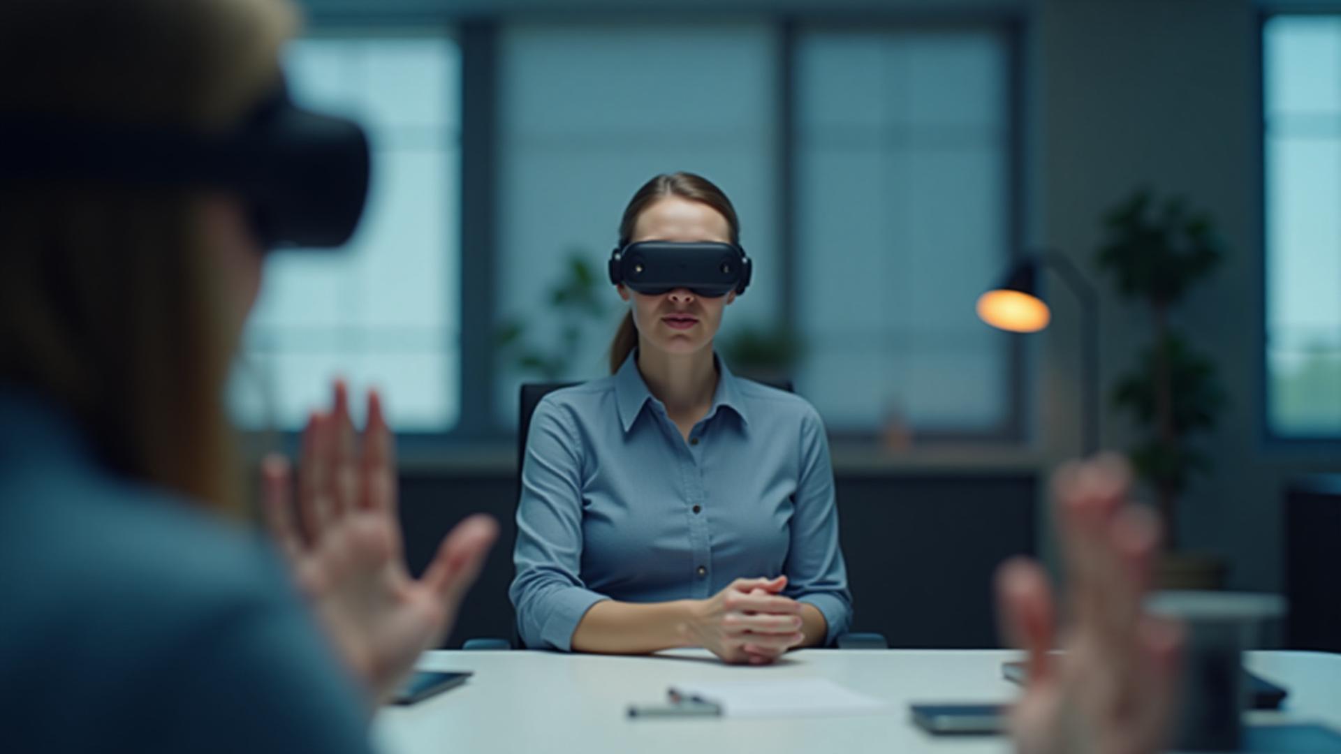 First-person view inside a VR headset. A person's hands are visible, interacting with a realistically rendered AI character sitting across a modern desk, engaged in a serious conversation. The environment is a professional office setting.