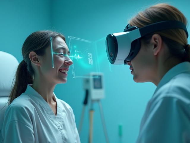 Screenshot of a VR interaction with a realistic AI-powered virtual patient in a hospital setting