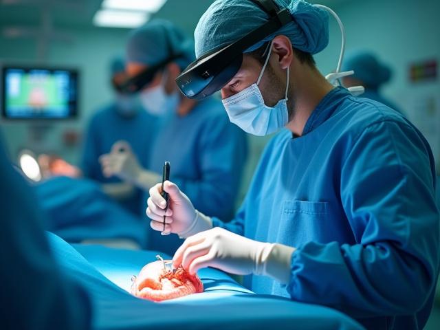 VR simulation of a complex surgical procedure, showing a virtual patient and medical tools