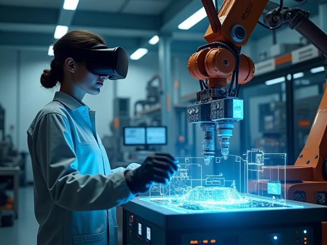 Engineer training in VR to operate complex machinery on a factory floor