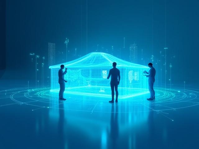 Multiple users collaborating in a shared virtual space, represented by avatars inspecting a complex 3D model