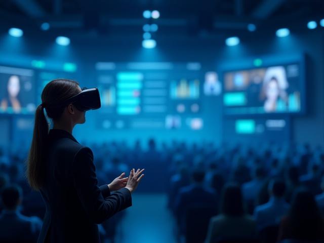 Professional delivering a public speech to a virtual audience in a VR environment